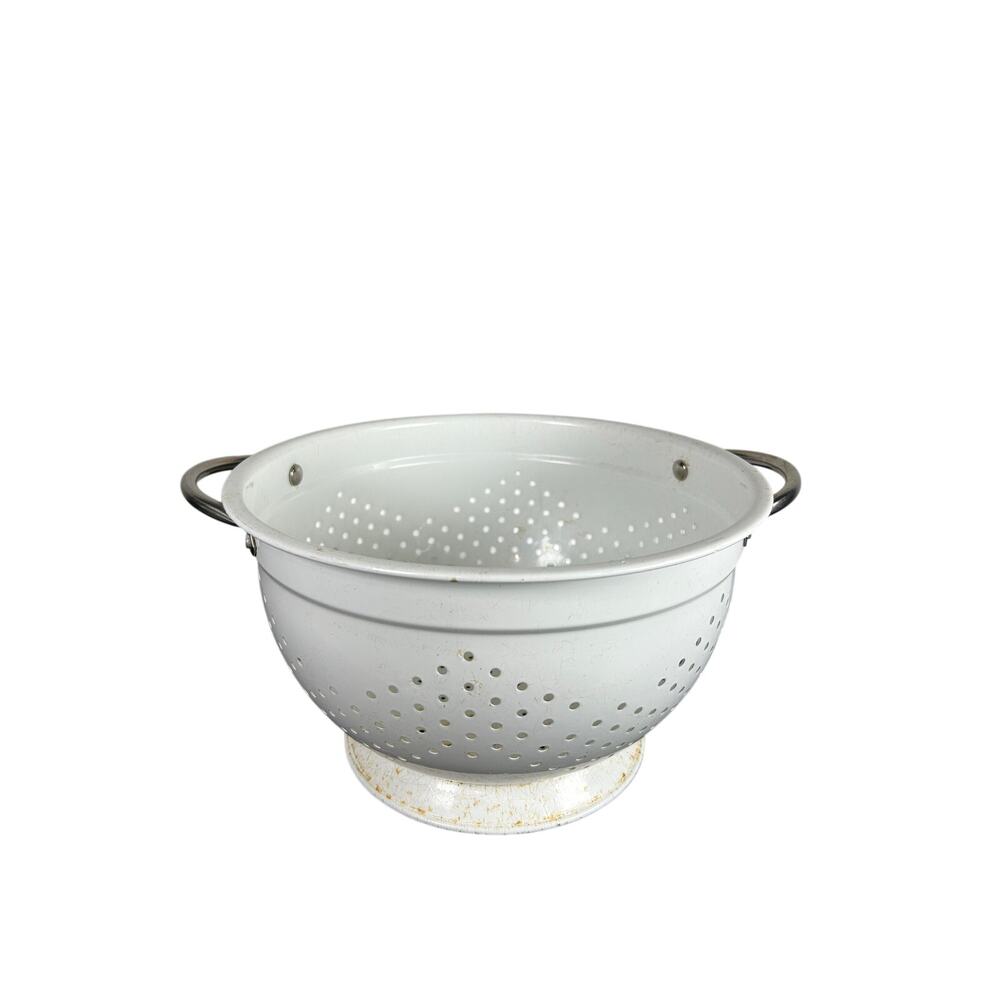 Vtg White Metal Colander- table bowl decor some wear- cracked- cottage rustic